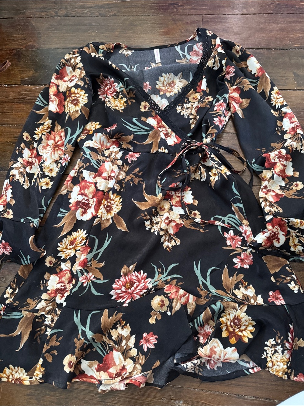 Xhilaration Black Floral Long Sleeve Wrap Dress
